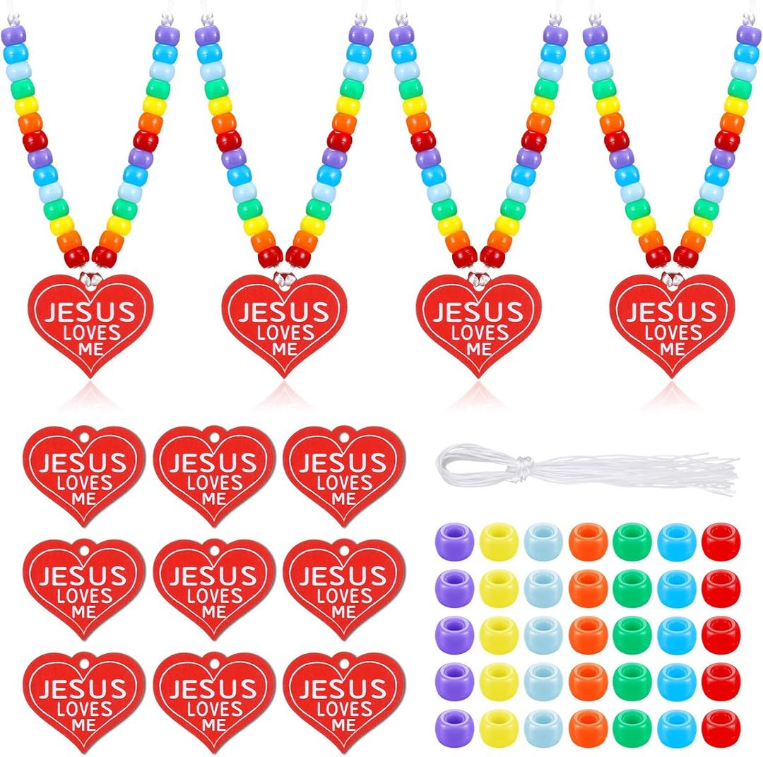 Ferreve 24 Sets Religious Beaded Necklace Crafts Kit DIY Jesus Loves Me Heart Bead Craft Bible Christian Necklace Making Kit Bulk for Sunday School Vbs Gifts Making (Rainbow)