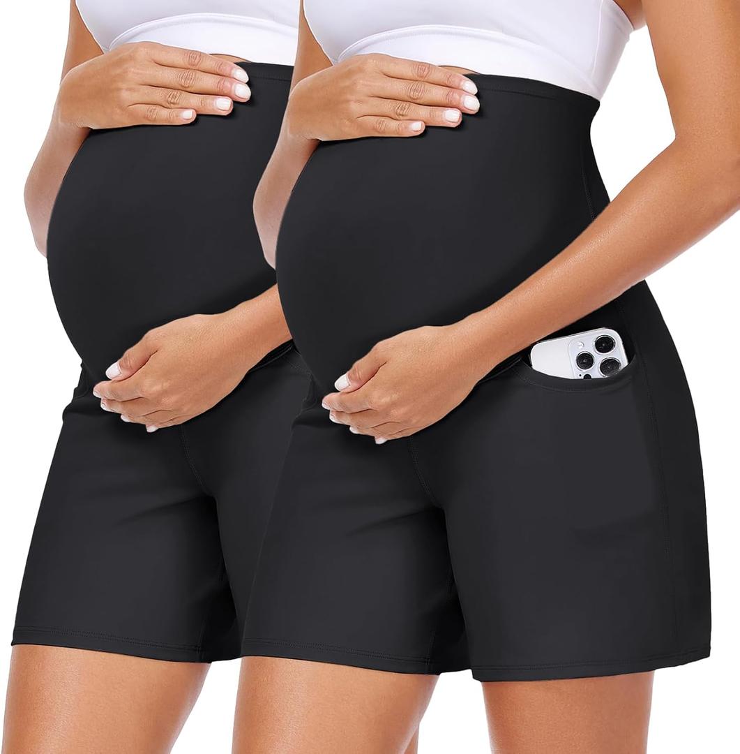 2 PCs Summer Mae CloudFeel Maternity Shorts with Pockets Over The Belly Pregnancy Yoga Workout Biker Short Active Athletic Pants XL
