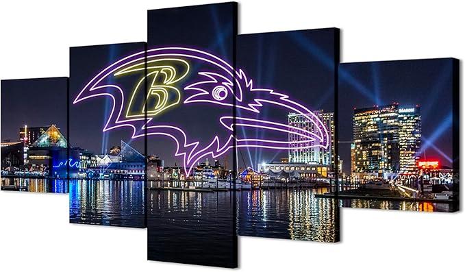 (60X100CM/5PCS) Frame Canvas Print Poster - Baltimore Inner Harbor American football Neon Ravens badge - City Landscape Wall Art for Home and Office Decor 