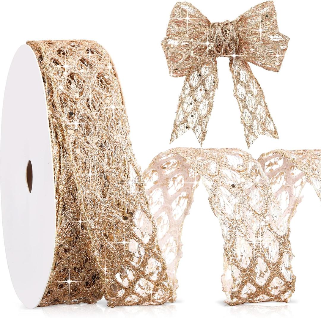 Geosar 20 Yards Champagne Gold Glitter Mesh Wired Ribbon for Wedding Decor, Valentines Gift Wrapping, Flower Bouquet Wrapping, DIY Craft, Christmas Tree Decoration (1.5 Inch)