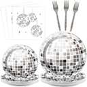 96 Pieces Disco Party Plates Disco Ball Theme Party Decorations Silver Cake Paper Plates and Napkins Hip Hop Disposable Dessert Tableware Set Baby Shower Birthday Supplies 24 Guests