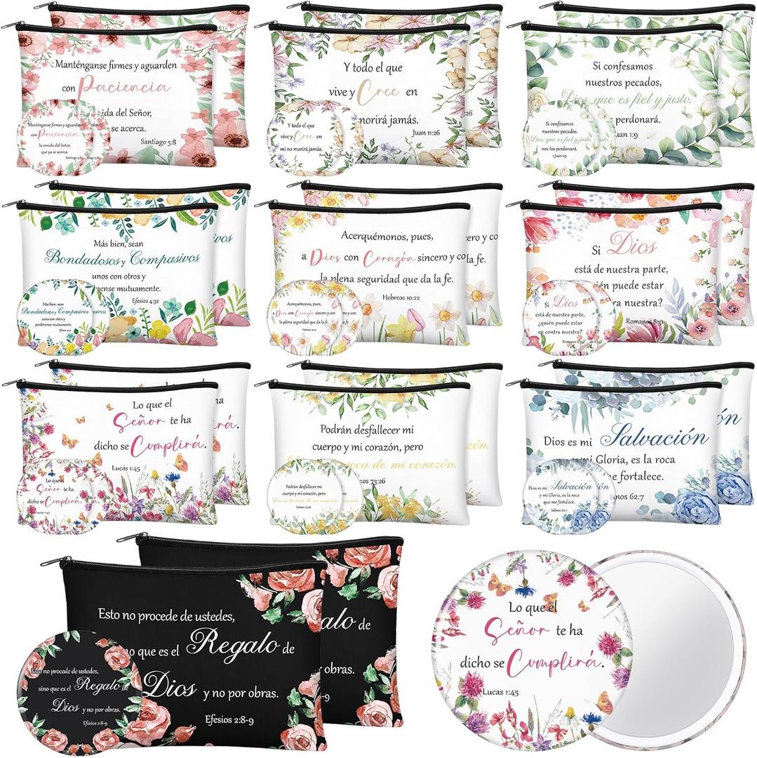 Abbylike 40 Pcs Christian Gift for Women Include 20 Bible Verse Makeup Bags 20 Christian Compact Mirrors Inspirational Religious Scripture Gift for Mom Sister Birthday Christmas(Spanish Style)