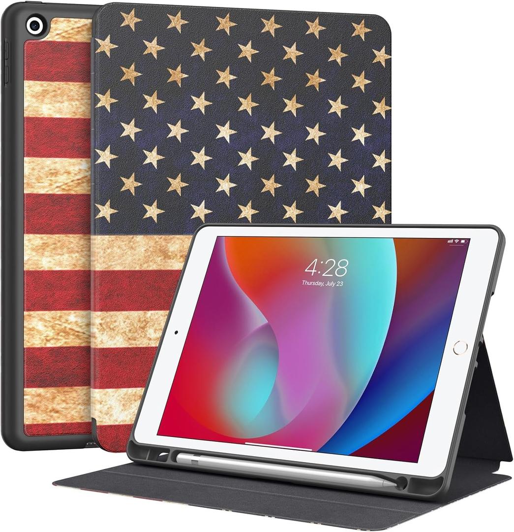 Supveco Case for iPad 9th/8th/7th Generation 10.2 inch (2021/2020/2019 Model) with Pencil Holder, Premium Folio Stand Case with Auto Wake/Sleep,Soft TPU Back Shell Cover for iPad 10.2 Inch-Flag