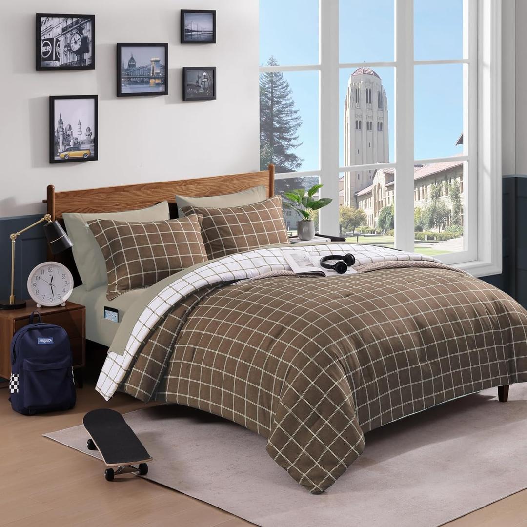 Plaid Twin XL Comforter Set Brown, Reversible Checkered Bedding Set 5 Pieces for Boys Girls Teen, Lightweight Bed in a Bag for Dorm with Sheets, Pillowcase & Sham