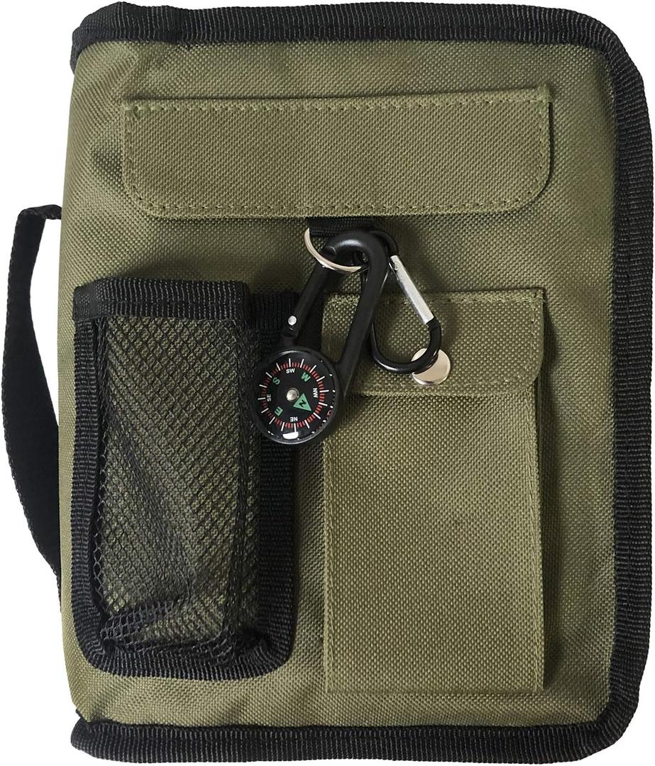 Army Green Bible Cover for Men with Compass Carabiner Camouflage Book Covers for Boys Scripture Tote Bible Case