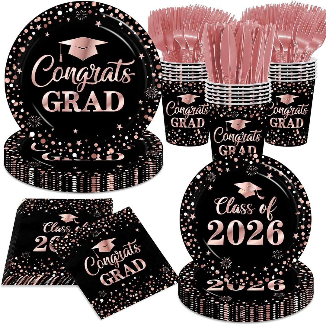 Graduation Plates and Napkins,Pink and Black Graduation Decorations 2026 Tableware Class Of 2026 Grad Paper Plates and Napkins for Congrats Grad Party Decorations