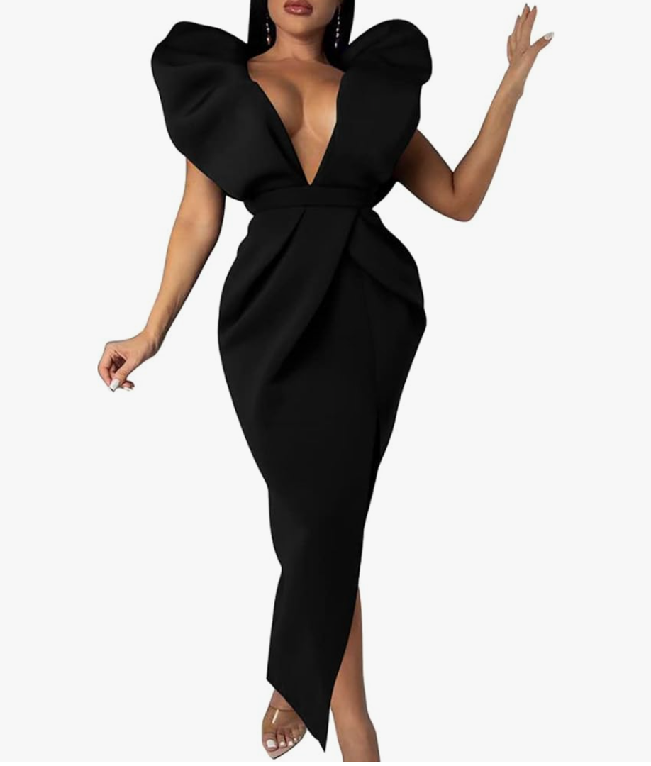 Memoriesea Women's Sexy Deep V Neck Puff Sleeve Side Split Ruched Backless Gown Dress.XL