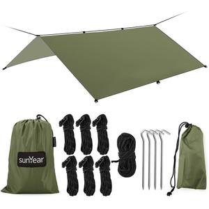 Hammock Rain Fly Tent Tarp Provides Effective Protection Against Rain, Snow. 32ft Long Ridgeline. Big 9.8x9.5ft Durable, Waterproof 210D Oxford. 6 Reflective Guy Lines, 2 Stuff Sacks. Easy Assembly, Green