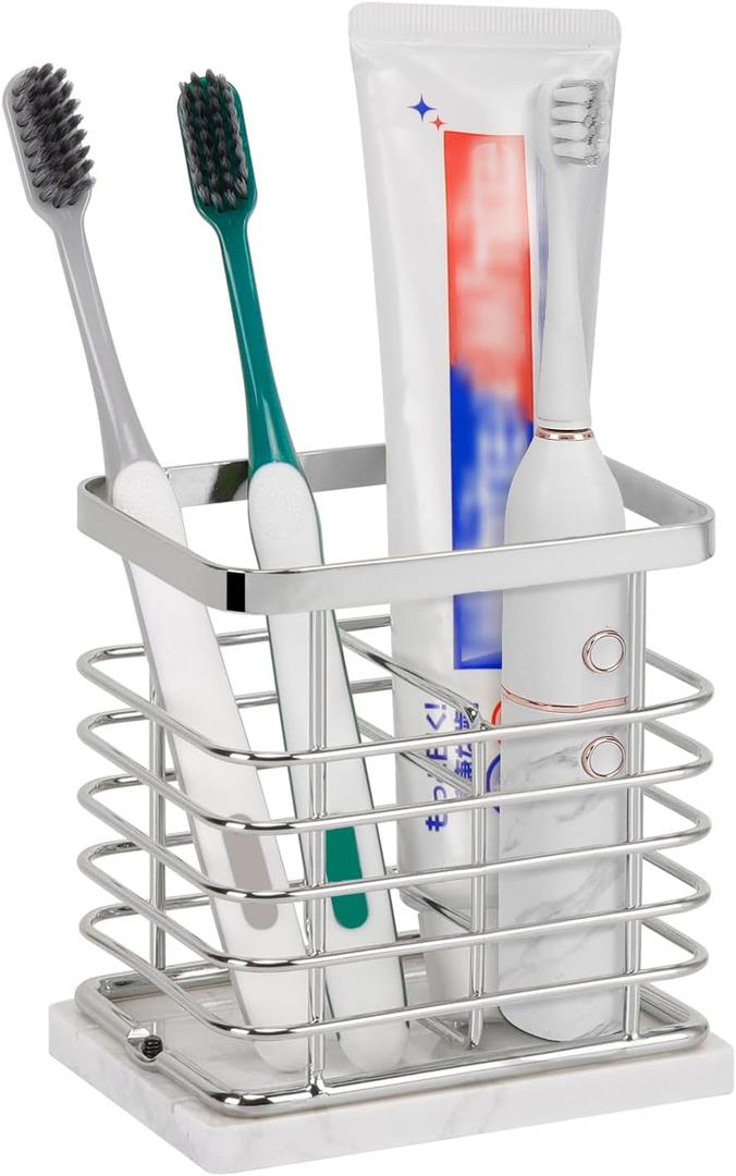 HarJue Toothbrush Holder, Luxurious Metal Toothbrush Toothpaste Holder with Marble Base for Bathroom, Multi-Slots Openwork Design, Bathroom Accessory for Storage and Organizer (Small, Chrome)