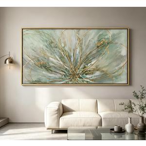 3D Framed Sage Green Gold Abstract Flower Wall Art, Textured Floral Canvas Print Poster, Luxury Decor for Living Room Bedroom, Contemporary Neutral Home Decoration, 32"L x 16"W
