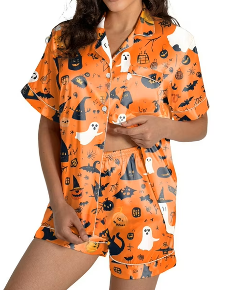 Halloween Pajamas Set Women 2PC Silk Satin Pumpkin Shorts Sets Short Sleeve Button Down Shirts + Bottoms Loungewear, Large