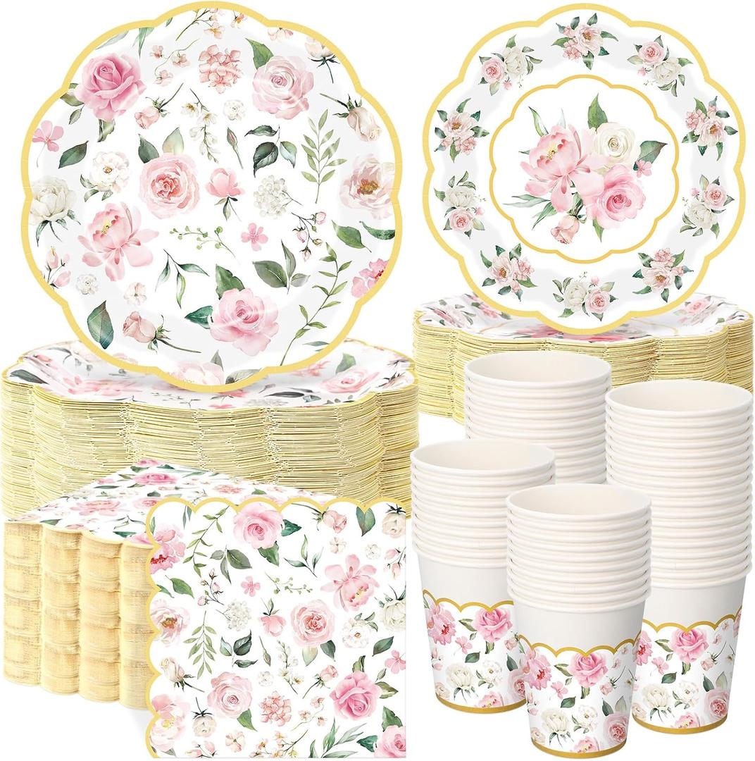 Set of 250 Floral Party Decorations Flower Paper Plates Napkins and Cups Pink and Gold Floral Disposable Tableware Set for Bridal Shower Baby Shower Wedding Spring Tea Party Supplies, Serves 50