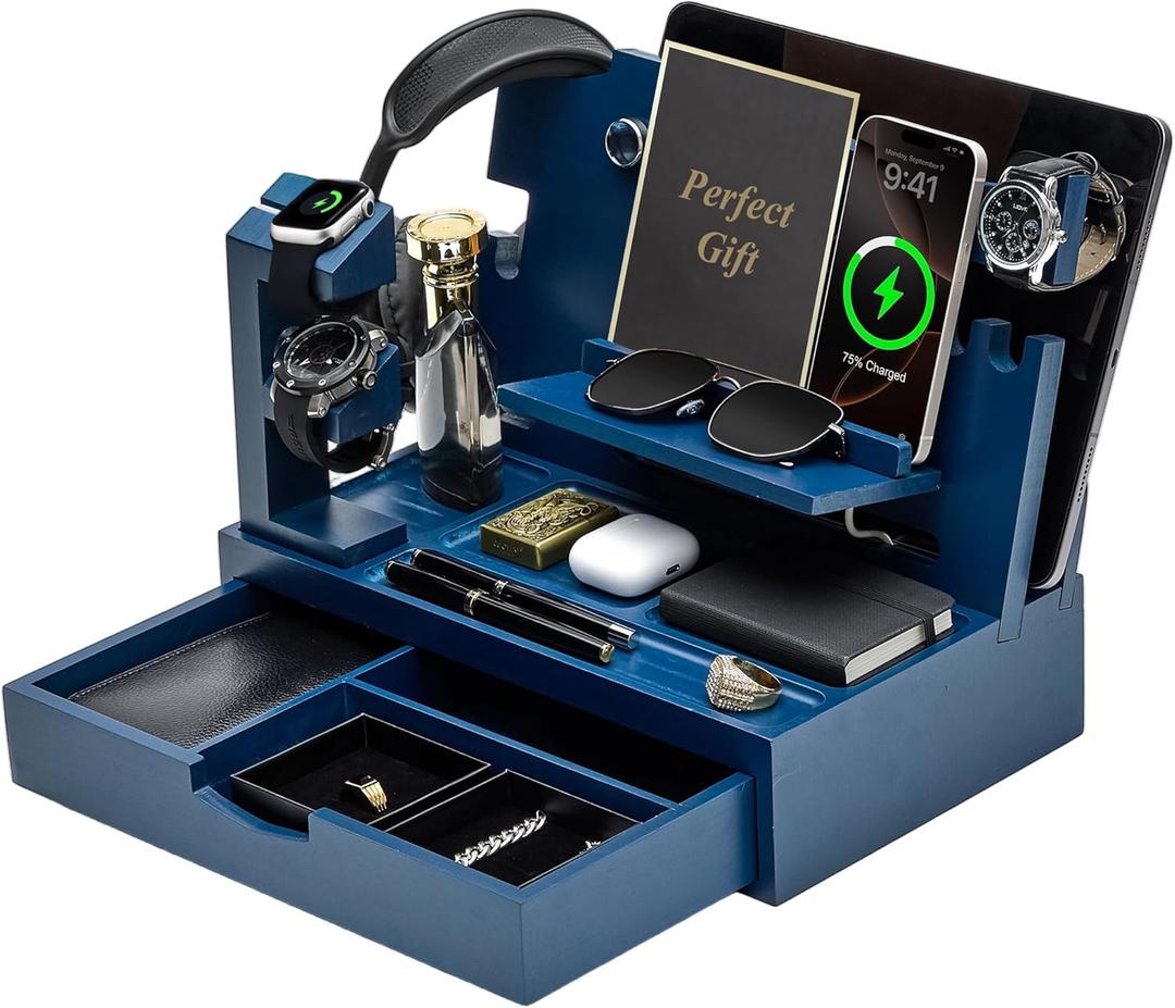 Nightstand Organizer for Men with Large Drawer, Birthday Gifts for Men, Phone Docking Station, Bedside Organizer for Nightstand for Apple Watch, Laptop (Blue, Solid Wood)