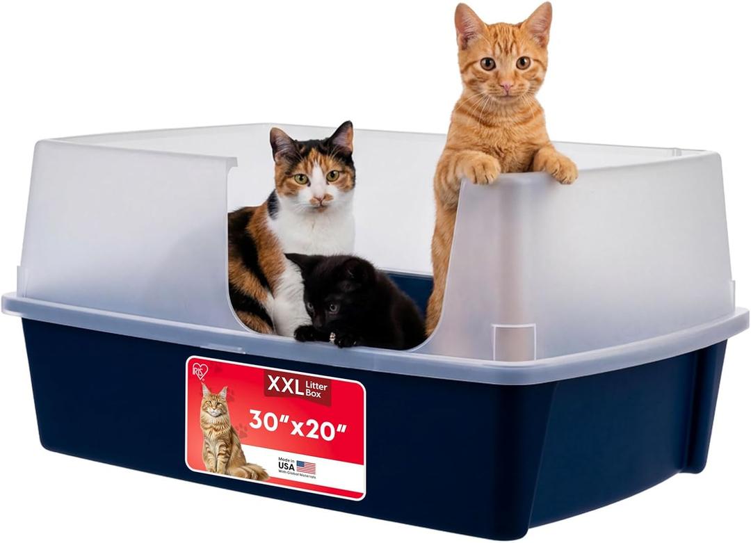 IRIS USA XX-Large Side Entry Cat Litter Box, Open Top Extra Large Litter Box for Big Cats and Multi-Cat Households, High Sided Scatter Shield, Easy to Clean, 30" L x 20" W x 14" H, Navy