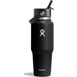 Hydro Flask Travel Water Bottle - Insulated Stainless Steel - Wide Straw Lid, Non Spill, Leakproof in 32 Oz Black