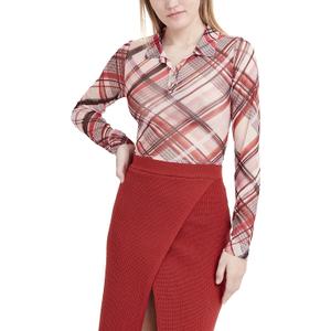 BCBGeneration Women's Long Sleeve Mesh Polo Top, Plaid, Large