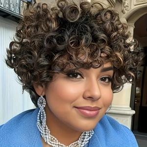 Short Curly Human Hair Wigs For Black Women Glueless Afro Natural Curly Wig Brazilian Virgin 4/27 Color Pixie Cut Wig With Bangs 150% Density Highlight Ombre Blonde Wigs (Natural Curly)