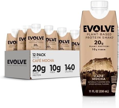 Evolve Plant Based Protein Shake, Café Mocha, 20g Vegan Protein, Dairy Free, No Artificial Sweeteners, Non-GMO, 10g Fiber, 11oz, (24 Pack)