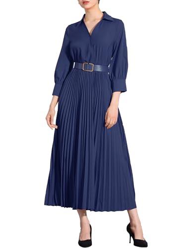 Allegra K Dressy Casual Pleated Dress for Women's 3/4 Sleeves Collared V Neck Empire Waist Belted Maxi Dress Medium Dark Blue, Size: M