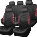 CAR PASS Bling Diamond Black Leather Car Seat Covers Full Set Interior Sets, Waterproof Shining Glitter Sparkly Crystal Universal Armrest Fit Automotive Truck SUV Cute Women Girl, Red Rhinestone
