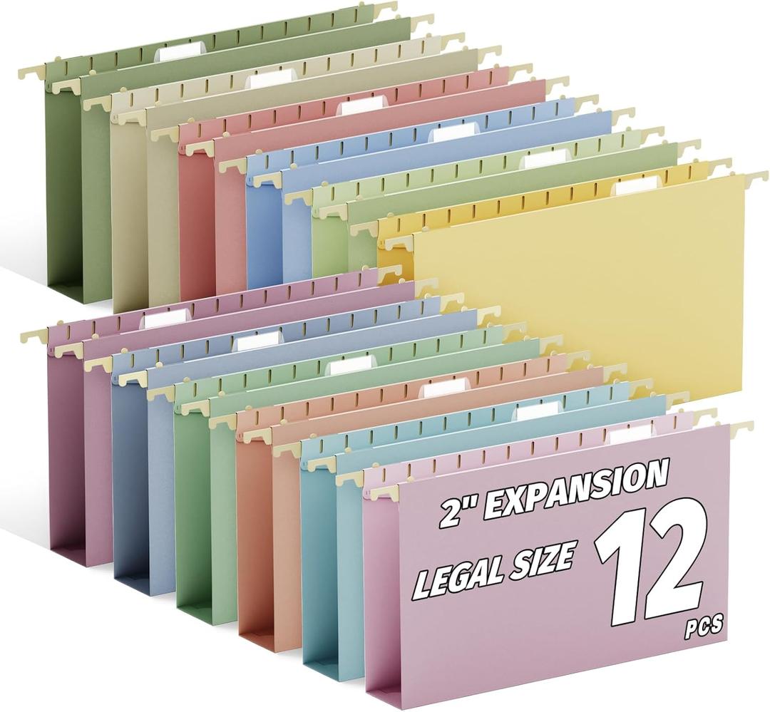 Ansook Legal Size Hanging File Folders, 2" Expansion Legal Plastic File Folders Hanging with Tabs, 12 Pack Pastel Colors Hanging Organizers for Filing Cabinet, Home Office Law Firm Document Storage