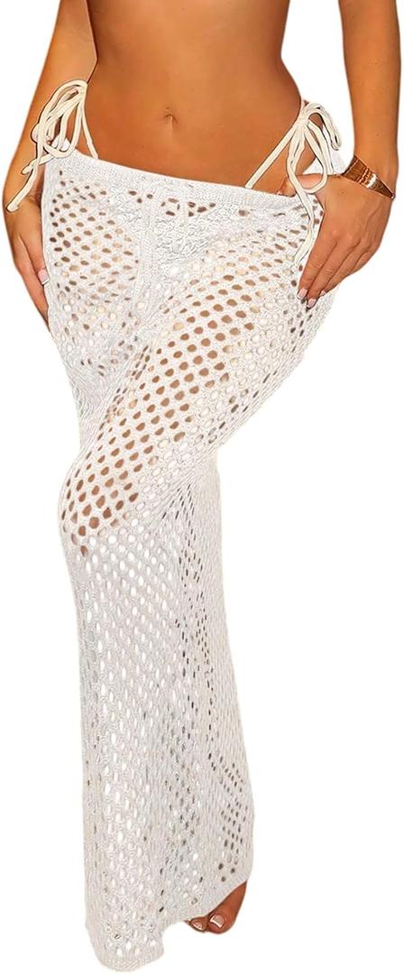 SISKIN Beach Coverups for Women 2026 Mermaid Net Fishnet Siren Bodycon Skirt Knitted for Vacation (White), Small