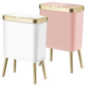 Procade 2Pack Office Trash Can with Lid, Bathroom Garbage Bin with Gold Edge, Modern Pink Trash Can for Bedroom, Slim Waste Basket Plastic Trash Bin for Room,Kitchen, Living Room,Toilet, 4 Gallon, White and Pink