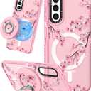 Cute Case for Samsung Galaxy S21 for Women Girls - Funny Design Compatible with Magsafe Magnetic Ring Holder Kickstand Art Peach Blossom Fashion Pattern TPU Phone Covers