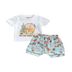 Western Toddler Baby Boy Girl Summer Clothes Cactus Print Short Sleeve T-Shirt Tops Elastic Waist Shorts 2Pcs Set,  0-6M