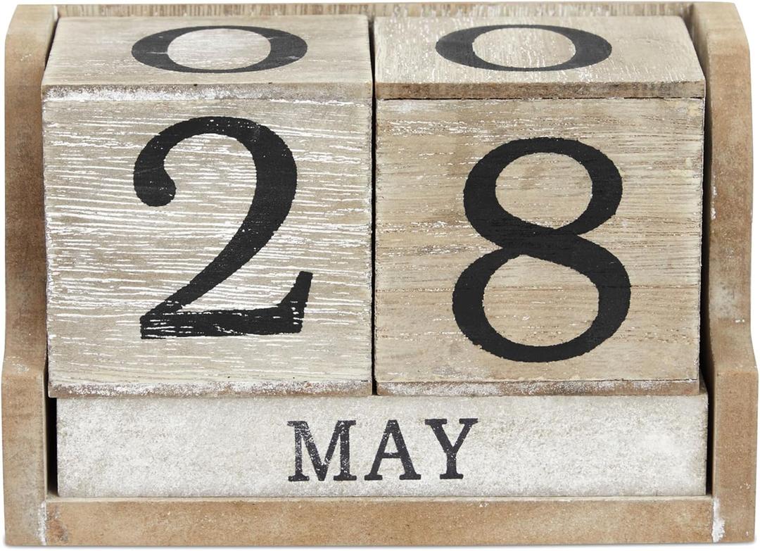 Wooden Perpetual Block Calendar for Desk, Wood Month Date Display Blocks for Teachers, Students, Classroom, Rustic Farmhouse Office Decor, Desk Accessories (5 x 4 In)