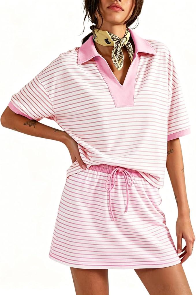 PJFPJF 2 Piece Sets for Women 2026 Summer Striped Short Sleeve Polo Skort Casual Sets Sweatsuit Workout Matching Outfits, S