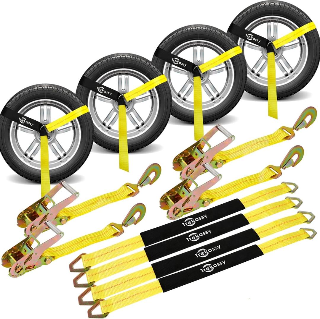 Trekassy 2x 144 Car Tie Down Straps for Trailers Heavy Duty, 10000lbs Break Strength, 4 Pack Steel Ratchet, 4 Adjustable Car Hauler Straps, 4 Axle Straps (Yellow)