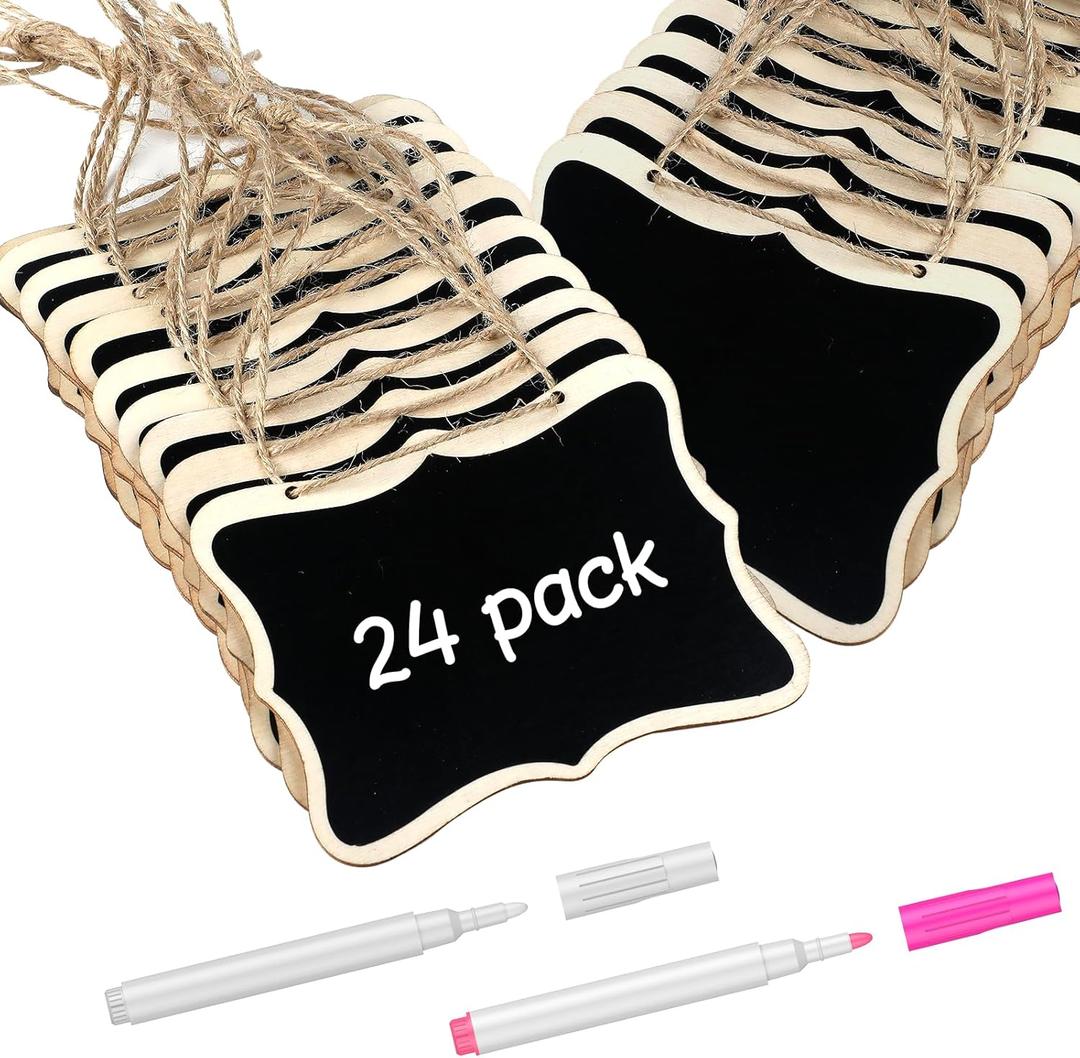 Uniclife 24 Pack Mini Chalkboard Signs for Food, Small Chalkboard Signs with Strings Chalk Markers & Replacement Stickers, Hanging Chalkboards Sign Reusable Wooden Food Labels for Party Buffet Wedding (Wavy)