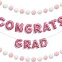 Pre-Strung Glitter 2026 Congrats Grad Felt Banner, Pink Class of 2026 Graduation Sign for Backdrop with Felt Ball Garland Reusable Graduation Party Banner for College High School Decor