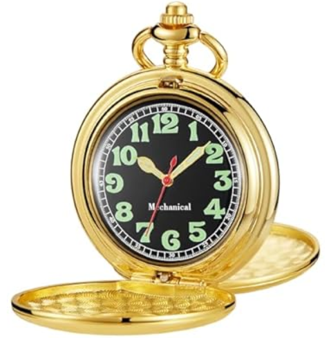 Men's Mechanical Pocket Watch Black Rudder Pattern Double Open Hollow Roman Numerals Pocket Watch