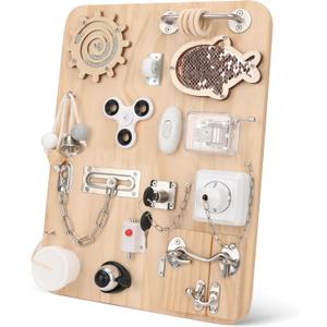 Pithfor Wooden Montessori Busy Board, Montessori Sensory Activity Board Toys for Kids Toddler Baby Boys Girls, for Autism & ADHD Motor Skills