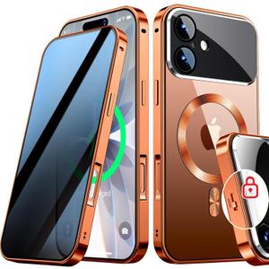 [Full Camera Protection& Mechanical Lock] Magnetic Privacy Case for iPhone 17 [Compatible with MagSafe] [CD Metal Ring] Full Body Shockproof Metal Bumper, 9H Anti Peeping Glass Cover-Orange