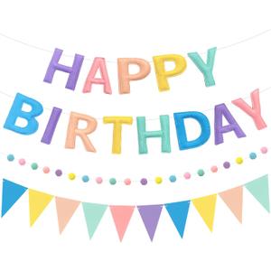 Pre-Strung Reusable Happy Birthday Banner Felt Ball Garland & Multicolor Bunting String Triangle Flags Bulk,Happy Birthday Sign for Party Backdrop DecorPhoto Booth Props (Macarons)