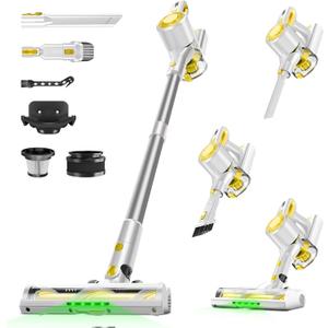 Cordless Vacuum Cleaner for Home, Powerful Stick Vacuum with Rechargeable Battery, Green Light Anti-Tangle Brush, 6-in-1 Lightweight Handheld Vacuum for Pet Hair, Hard Floor, Carpet, Yellow