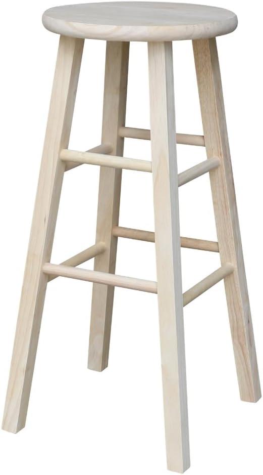 IC International Concepts, Round Top Stool-29" Seat Ht, 13.5"W x 13.5"D x 29"H, Solid Parawood, 29"H, 225 lb Wt. Capacity, Kitchen/Dining, Fully Assembled, DIY, Paint/ Stain In Any Color, Unfinished