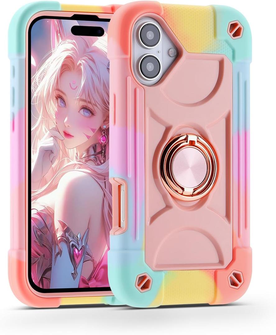 MARKILL Compatible with iPhone 16 Case 6.1 Inch with Ring Stand, Military Grade Drop Protection Full Body Rugged Heavy Duty Case 3 in 1 Protective Durable Cover for iPhone 16 (Rainbow Pink)