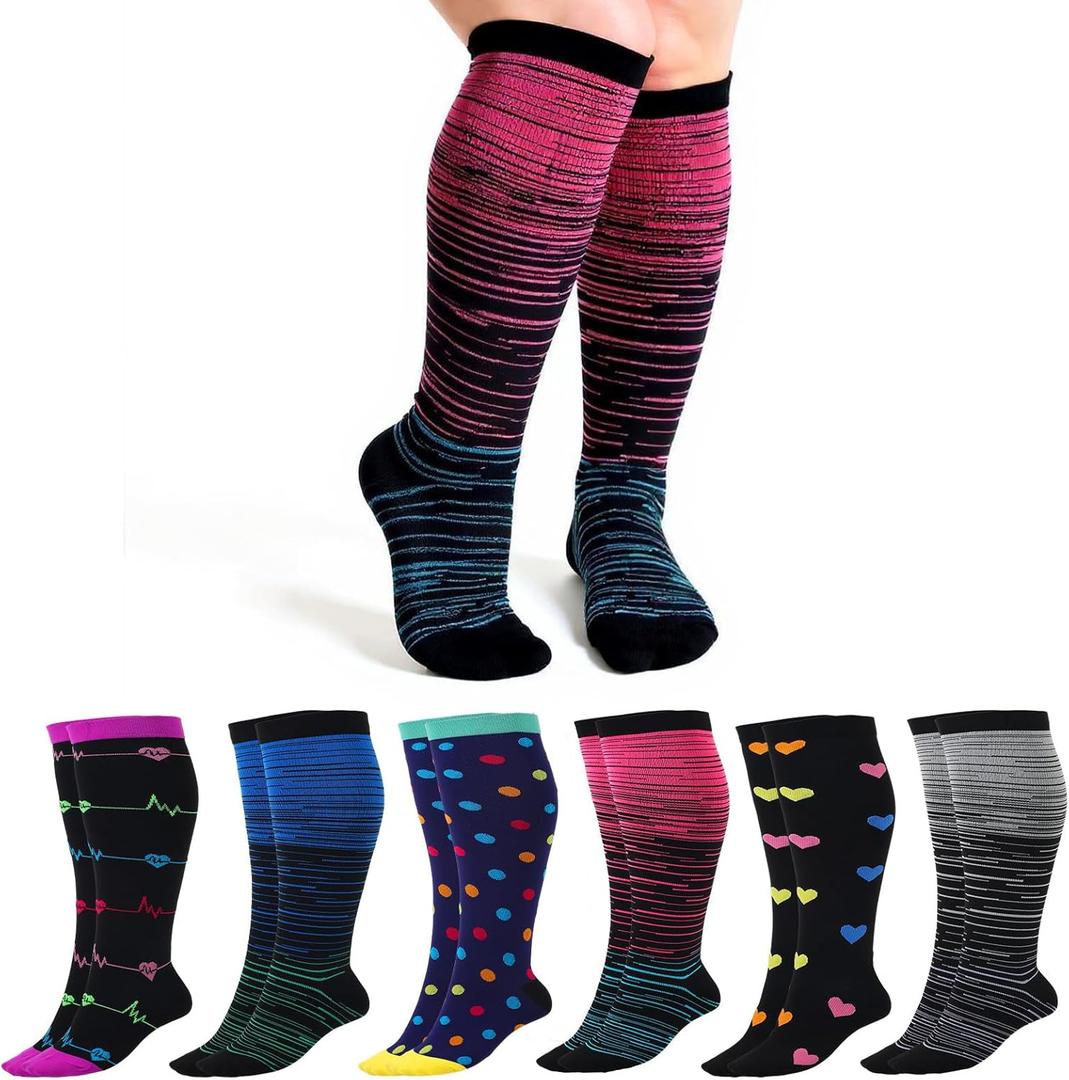 Prasacco 6 Pairs Plus Size Compression Socks for Women Wide Calf Knee High Compression Stockings for Circulation Travel Yoga Running, XXX-Large (XXXL)