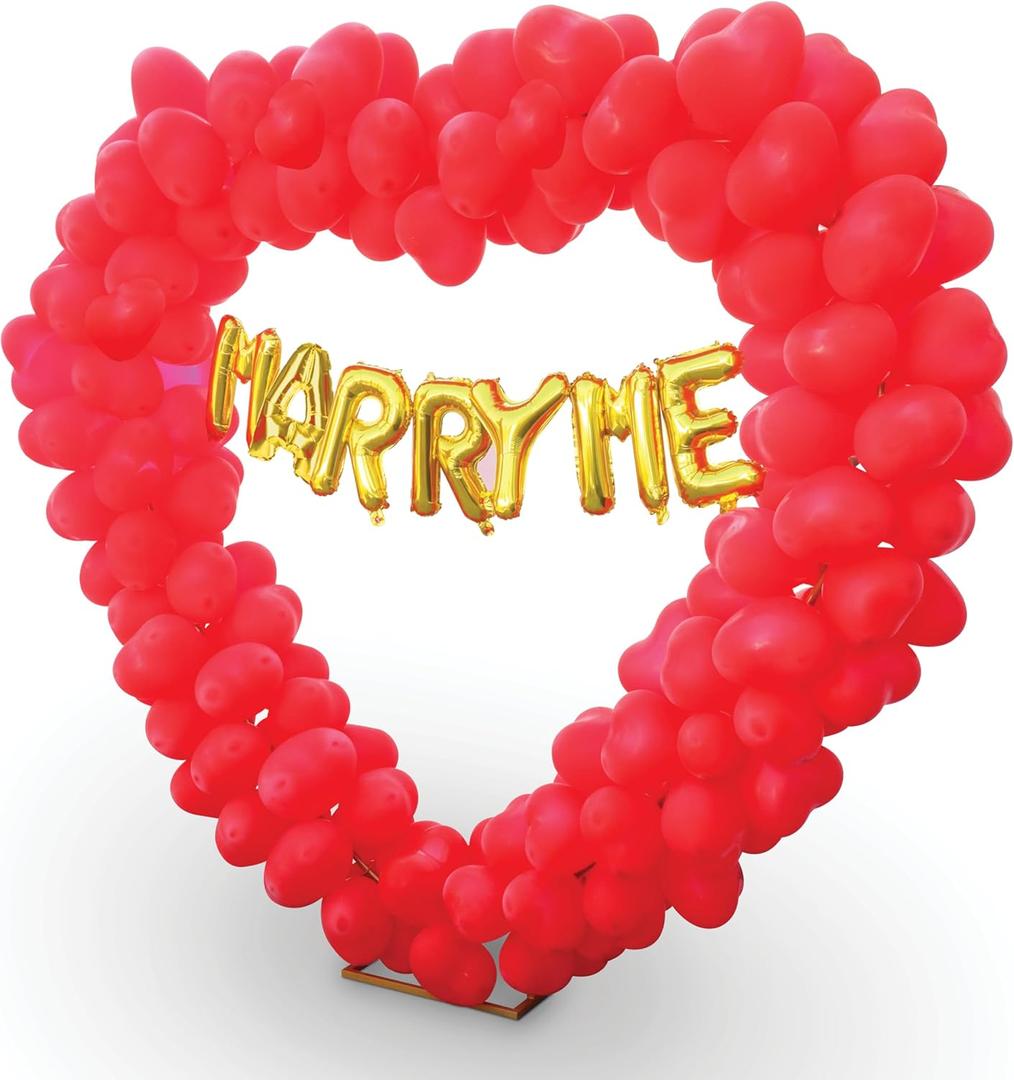 Will You Marry Me Balloon Arch Sign Proposal Decorations Ideas, Heart Shaped Balloon Arch 6.8 x 6.7, 300 Heart Balloons MARRY ME Gold letters, & String, 2 Weights, Balloon Knotter, Pump, Clips