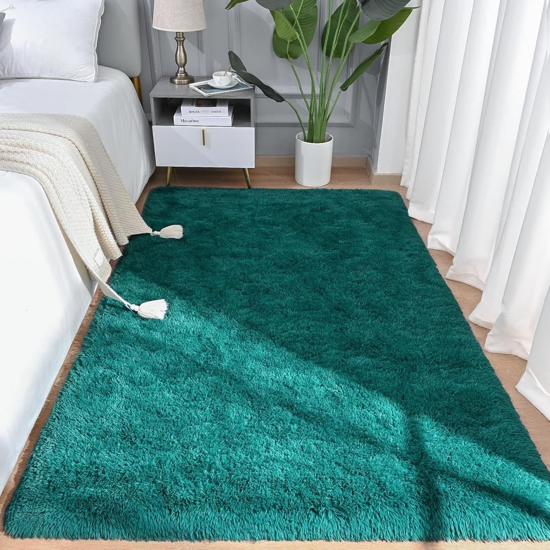 AROGAN Shag Area Rug for Bedroom, 4x6 Feet Washable Rugs for Living Room, Non-Slip Indoor Floor Carpet Rugs, Plush Memory Foam Beside for Kids Girls Teens Room Rug, Teal Green