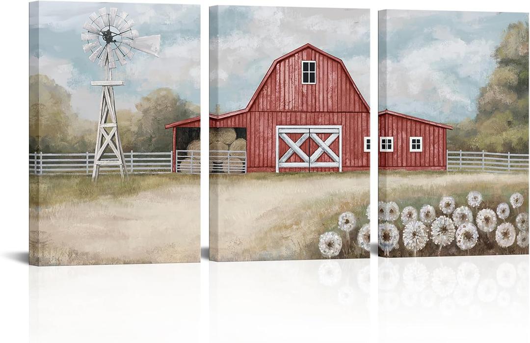 Visual Art Decor Farmhouse Canvas Wall Art Rustic Barn and Windmill Painting Country Landscape Farmhouse Decor, Framed Artwork for Walls (Red, Large) (24L" x 16W")