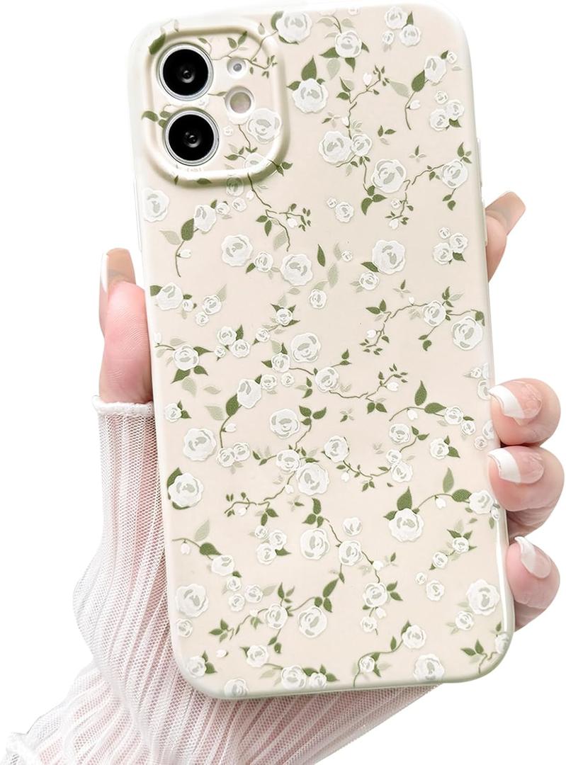 NITITOP Compatible with iPhone 11 Case Cute Flower Women Girls Floral White Rose Design Vintage Shockproof Soft Girly Slim TPU Fashion Protective Phone Cover - White