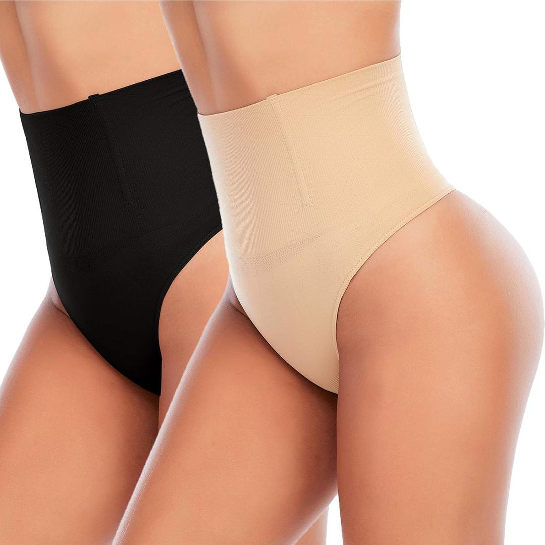Werena Tummy Control Thong Shapewear for Women Seamless Shaping Thong Panties Body Shaper Underwear (Large, 01# Black+beige 2 Pack)
