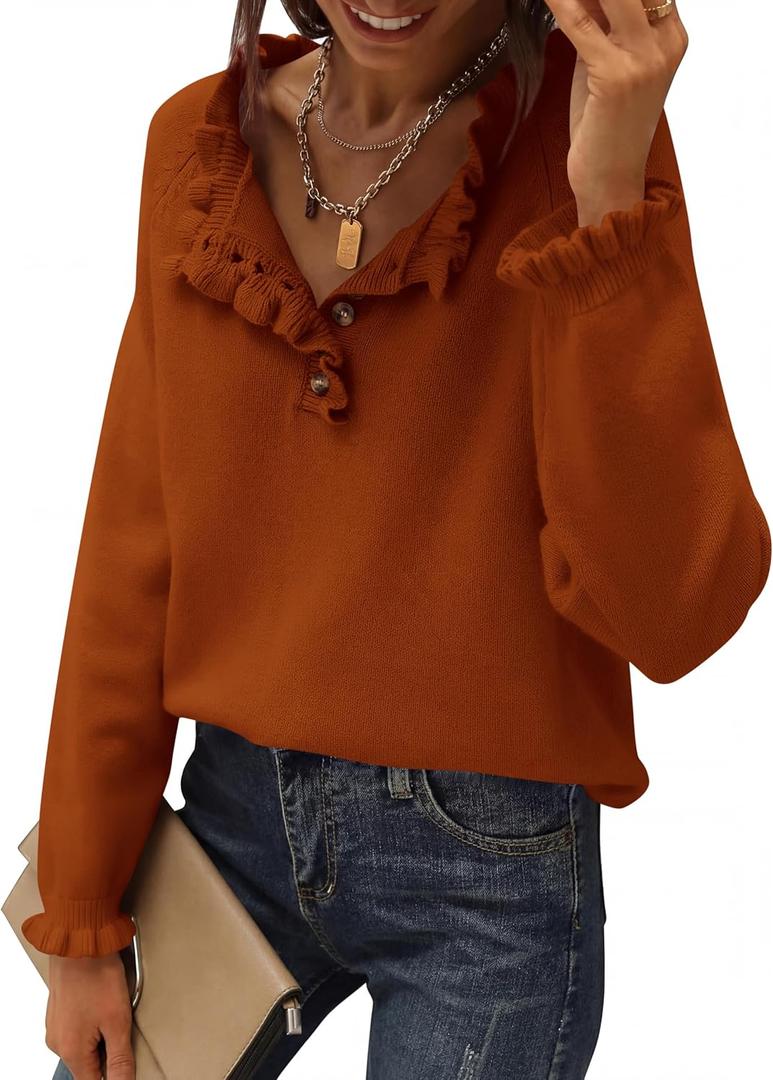 BTFBM Womens Sweaters Fall Winter Clothes 2026 Long Sleeve Button Down Ruffle Crew Neck Casual Knitted Pullover Tops (Orange, M)