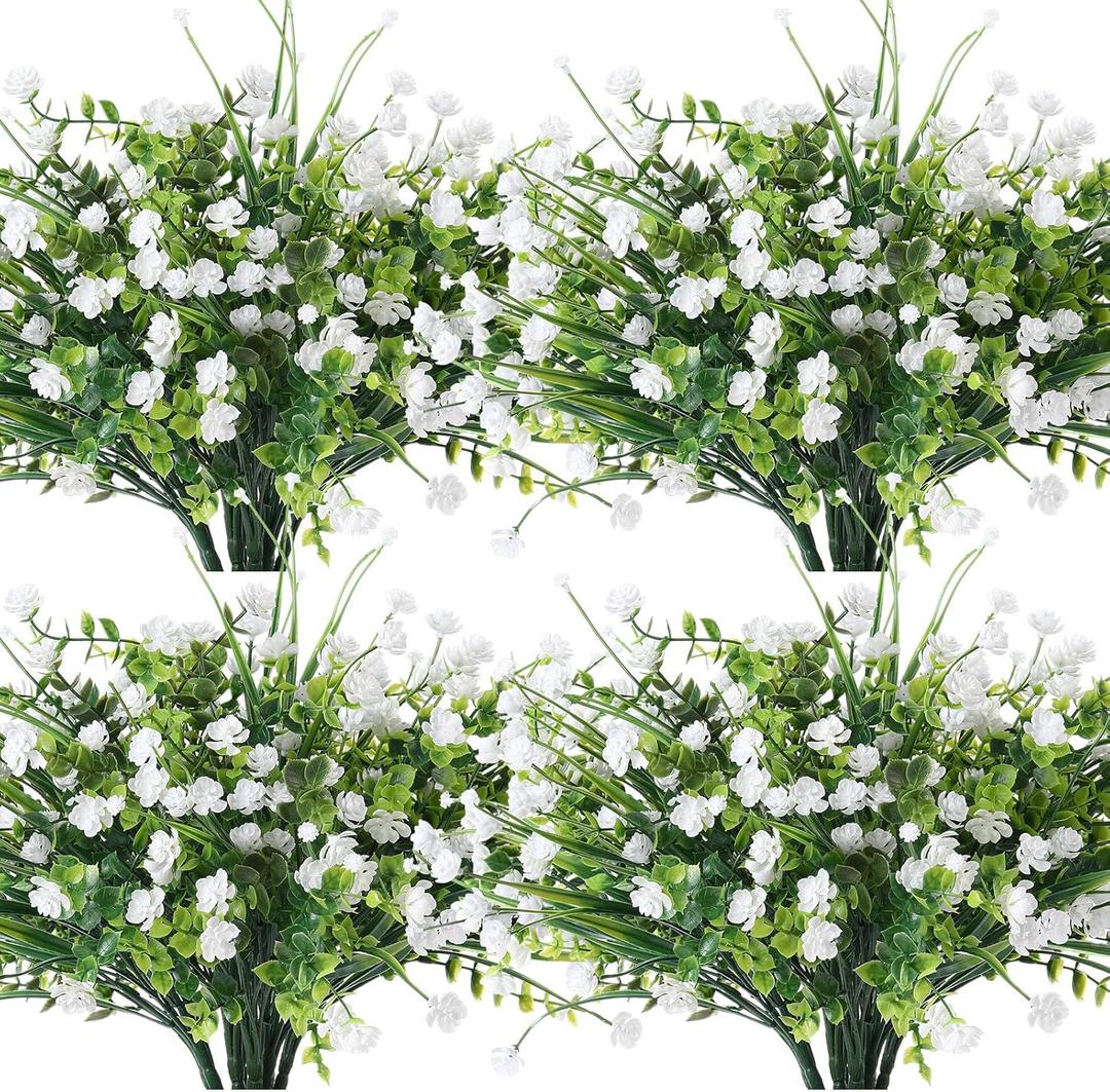 WILLBOND 36 Bundles Artificial Flowers Outdoor, UV Resistant Faux Artificial Plants Shrubs Flower Bulk for Hanging Planter Porch Window Home Wedding Spring Summer Decor (White)
