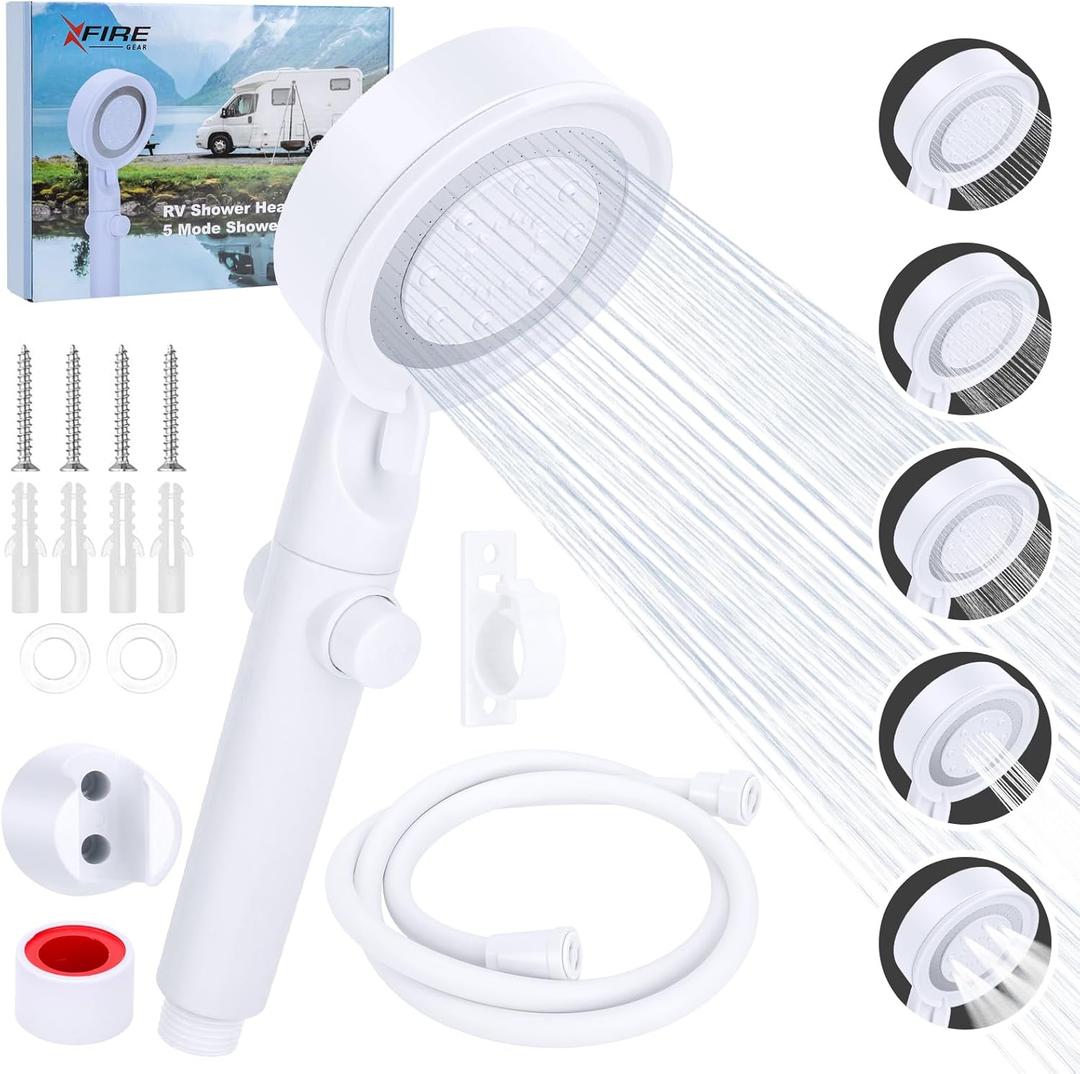 RV Shower Head with Hose, 5+1 Mode High Pressure Shower Head Replacement with On/Off Switch, Water Saving Motorhome Shower Head, Shower Head for RV/Campervan, Caravan (White)